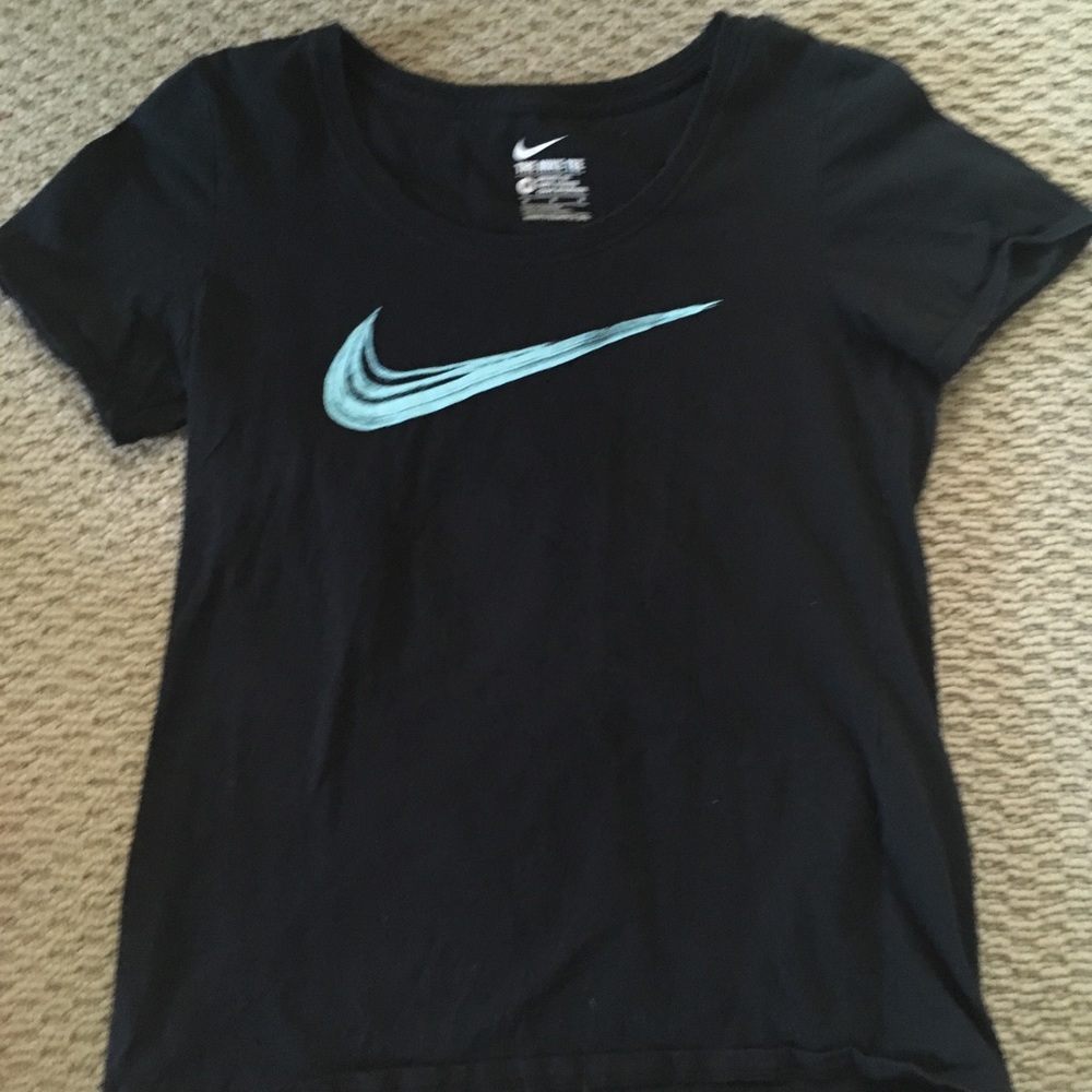 Black Nike tee with light blue swoosh